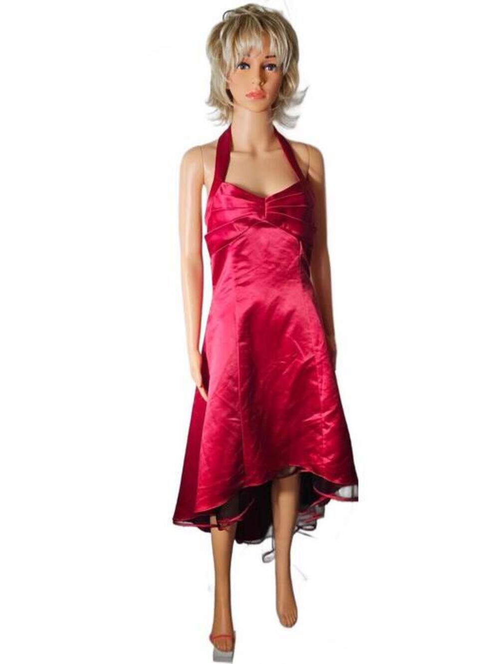 Women's L Red Satin Halter High-Low Midi Dress with Mesh Lining